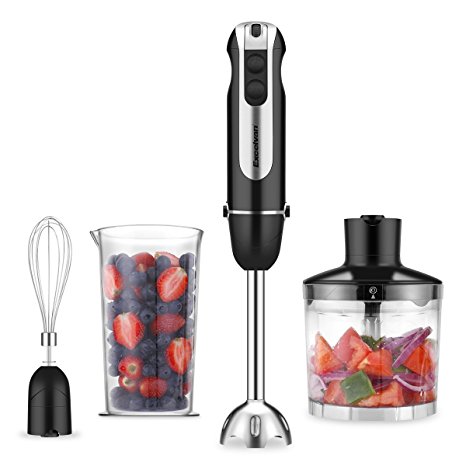 Excelvan 600W 3-in-1 Power Hand Blender with 500ml Chopper, 600ml Beaker and Whisk Attachments,Stainless Steel, Black