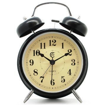 JCC 4" Decorative Vintage Twin Bell Non Ticking Sweep Second Hand Arabic Numerals Quartz Alarm Clock with Nightlight and Loud Alarm (Black)