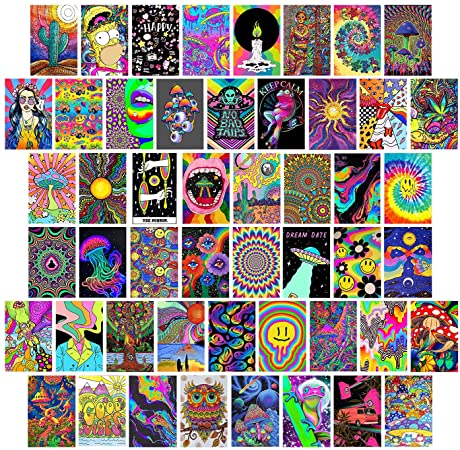 Woonkit Trippy Room Decor, Indie Room Decor, Hippie Room Decor, Indie Hippie Trippy Posters, Teen Wall Bedroom Dorm Aesthetic Poster, Photo Wall Collage Kit Pictures, Psychedelic Posters, 50PCS 4X6 INCH