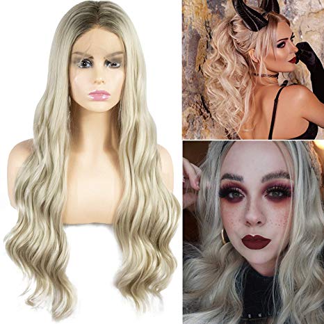 GEX Long Wavy Lace Front Wigs Ombre Blonde Synthetic Wig Glueless for Women Heat Resistant Fiber Hair