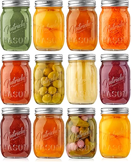 16oz DIY Magnetic Spice Jar Glass Container w/ Airtight Lid and Band - Ideal for Meal Prep, Overnight Oats, Jelly, Jam, Honey, Candles, Crafts, Wedding Favors (12 Pcs) by NutriChef