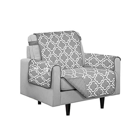 Austin Reversible Solid/Print Microfiber Furniture Protector with Strap & Side Pockets (Chair, Grey)