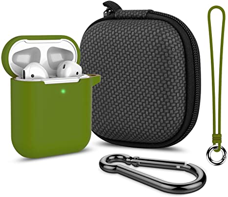Airpods Case, Music tracker Thicken Protective Airpods 2 Cover Soft Silicone Earbuds Case [Front LED Visible] with Carabiner/Anti-Lost Lanyard/EVA Storage Bag for Apple Airpods Gen (Olive Green)