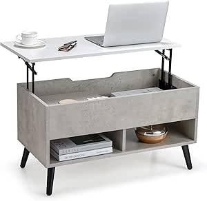 COSTWAY Lift Up Top Coffee Table, Wooden Lifting Cocktail Center Table with Hidden Storage Compartment and Open Shelf, Adjustable Rectangular Accent Sofa Side Tea Table for Living Room Office (Grey)