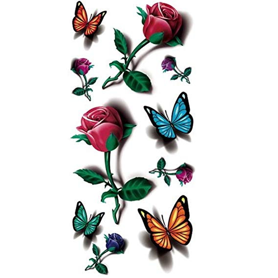 Acamifashion Temporary Tattoo 3D Butterfly Red Rose Butterfly Body Art Fake Stickers