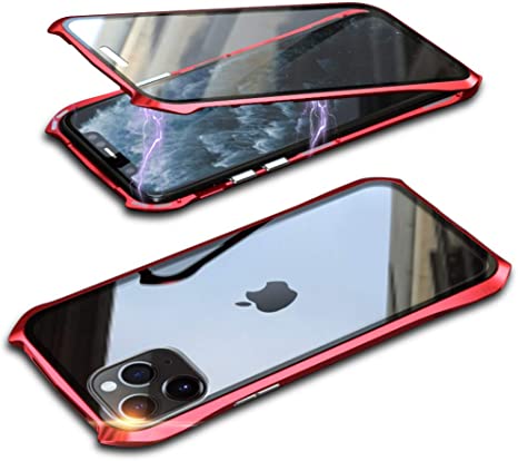 Bpowe iPhone 11 Pro Max Case, Bat Style Slim Metal Frame Tempered Glass Screen Protector Full Body Case with Magnetic Adsorption for Apple iPhone 11 Pro Max 6.5" 2019 (Red)