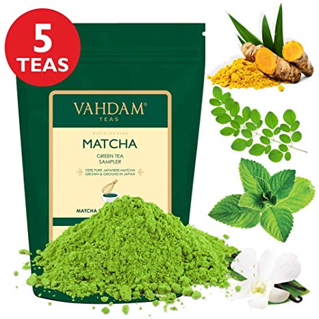 VAHDAM, Matcha Tea Sampler | 5 TEAS, 50 SERVINGS | POWERFUL SUPERFOOD BLENDS | Turmeric Matcha, Moringa Matcha, Mint Matcha, Vanilla Matcha, Mint Matcha | Brew Iced/Hot Matcha Latte Mix, 3.53oz