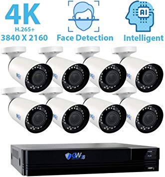 GW Security 8 Channel 4K NVR 8MP (3840x2160) H.265  IP PoE Security Camera System with 8 Outdoor/Indoor 2.8-12mm Varifocal Zoom 8.0 Megapixel 2160P Cameras, Face Recognition, Free Remote View