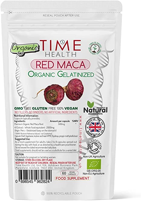 Red Maca Root 2000mg Capsules Gelatinized Certified Organic - UK Manufactured - Pullulan (60 Capsule Pouch)