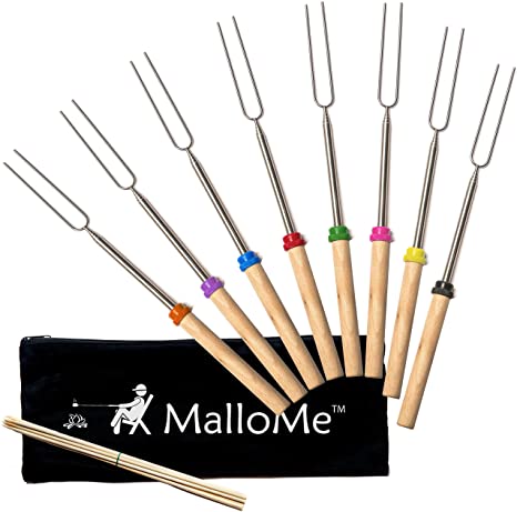 MalloMe Marshmallow Roasting Sticks - Smores Skewers for Fire Pit Kit - Hot Dog Camping Accessories Campfire Marshmellow 32 Inch Long Fork - 8 Pack