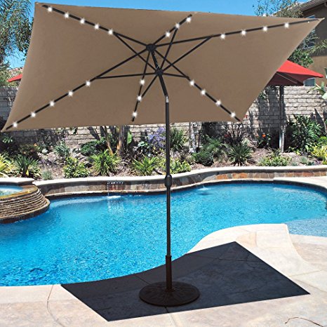 BEAU JARDIN 10 ft Solar Powered Patio Umbrella 26 LED Lights with Push Button Tilt Adjustment and Crank System 6 Rib Steel Pole Deluxe Outdoor Market Table Backyard Deck Poolside Polyester Tan