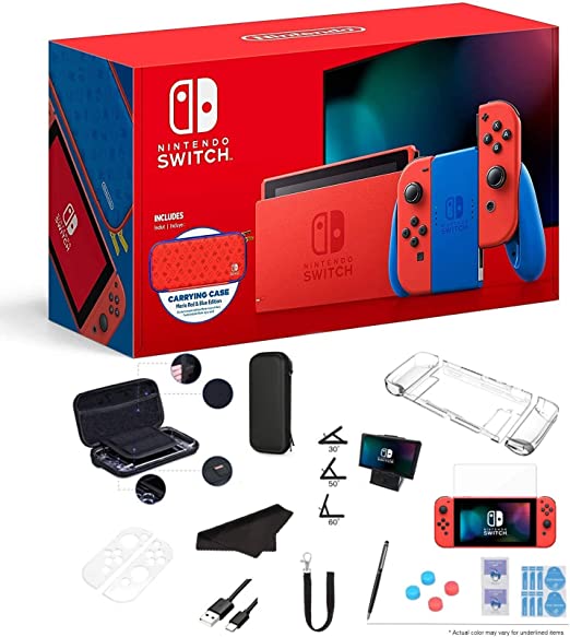 Latest Nintendo Switch Mario Red and Blue Edition 32GB Console and Carrying Case, Bold Red Joy-Con, 1080p Multi-Touch Screen, WiFi, Bluetooth, HDMI and GalliumPi 12-in-1 Bundle