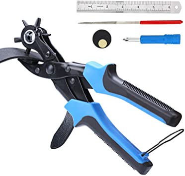 WoneNice Belt Hole Puncher for Leather, Saddle, Watch Strap, Shoe, Plastic, Rubber, Canvas, Cardboard, Saddles, Fabric, Paper, FREE Ruler & Awl Tool (Blue)