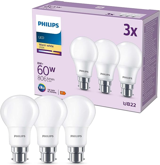 PHILIPS LED Frosted A60 Light Bulb 3 Pack (Warm White 2700K - B22 Bayonet Cap) 60W, Non Dimmable for Home Indoor Lighting