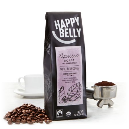 Happy Belly Espresso Roast Organic Fairtrade Coffee, Medium Dark Roast, Whole Bean, 12 ounce