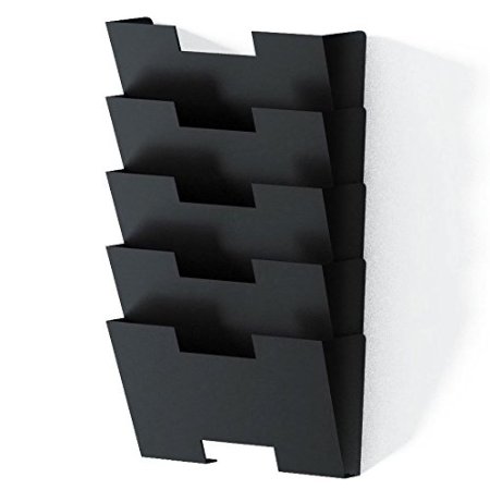 Black Wall Mount Steel File Holder Organizer Rack 5 Sectional Modular Design, Wider than Letter Size 13 inch , Multi-purpose , Organize, Display Magazines , Sort Files and Folders ,