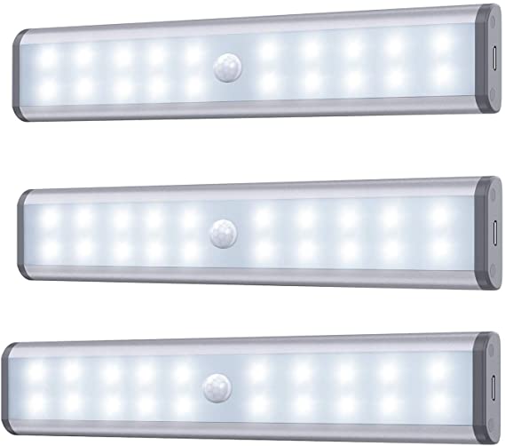 20LED Closet light with Motion Sensor,under cabinet lighting, rechargeable Under-cabinet lights,Build In Rechargeable Battery ,Very suitable for wardrobes, cabinets, kitchens, corridors, pantry, etc. (Silver 3Pack)