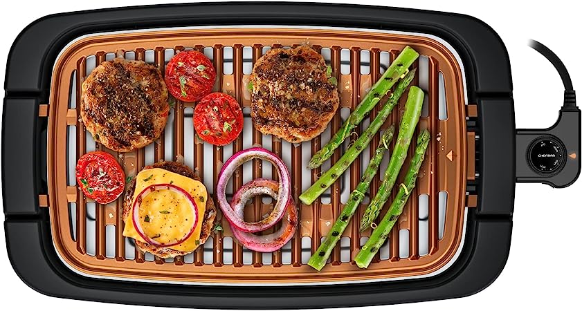 Chefman Smokeless Indoor Electric Grill, Copper, Extra Large, Nonstick Table Top Grill for Indoor Grilling and BBQ with Adjustable Temperature Control, Nonstick Dishwasher-Safe Parts