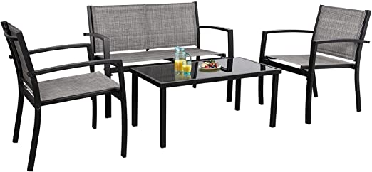 Flamaker 4 Pieces Patio Furniture Outdoor Furniture Outdoor Patio Furniture Set Textilene Bistro Set Modern Conversation Set Black Bistro Set with Loveseat Tea Table for Home, Lawn and Balcony (Grey)