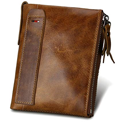 Mens' Wallet RFID Blocking Genuine Leather Credit Card Holder Wallet / Large Zip Coin Pocket Purse (Brown)
