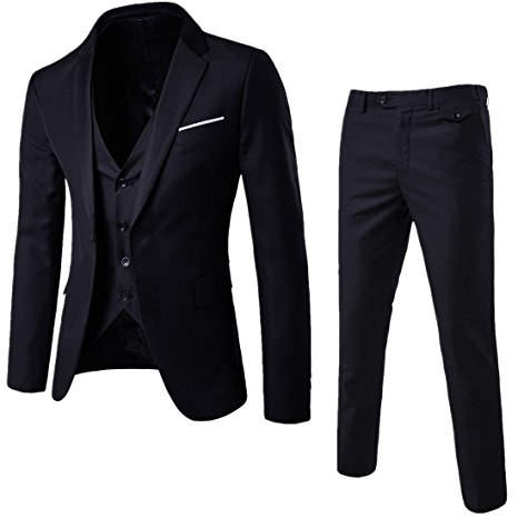 FUMUD Men's Suits Wedding Groom Plus Size 3 Pieces(Jacket Vest Pant) Slim Fit Casual Tuxedo Suit Male
