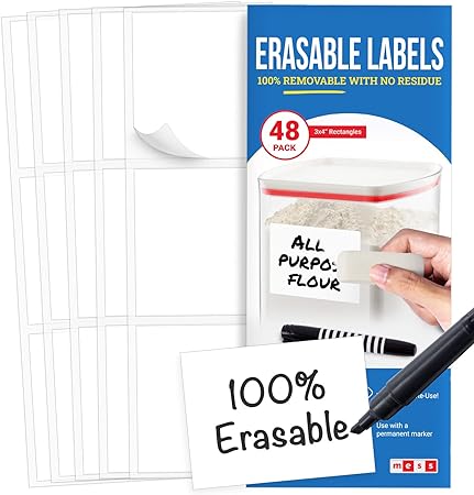 MESS Reusable Labels for Food Containers - Erasable Kitchen Labels (3x4") Labels for Organizing - Food Labels for Containers - Removable Labels Freezer Fridge - White Dry Erase - Labels for Jars (48)