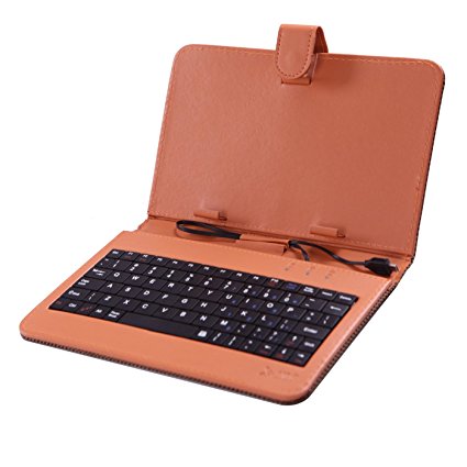 HDE Diamond Stitch Hard Leather Folding Folio Case Cover with Micro USB Keyboard for 7" Tablet (Orange)