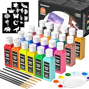 Shuttle Art 24 Colors Fabric Paint, 60ml/2oz Bottles, Permanent Soft Fabric Paint for Clothes with Brushes &Stencils, Non-Toxic Textile Paint for T-Shirts, Shoes, Jeans, Bags, DIY Projects & Crafts