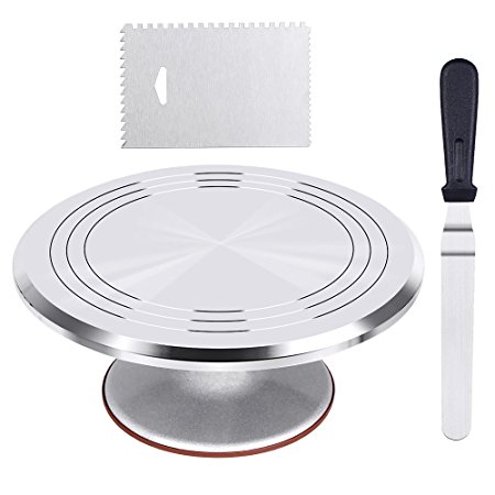 Kootek Aluminium Alloy Revolving Cake Stand 12 Inch Cake Turntable with 12.7'' Angled Icing Spatula and Comb Icing Smoother Banking Cake Decorating Supplies