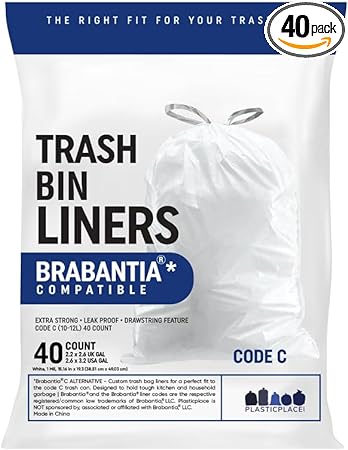Plasticplace 2.6-3.2 Gal / 10-12 Litre Compatible with Brabantia (x) Code C Bin Liners, 1 Mil Thick, White Trash Bags, 15"W x 19"H, (40 Case)