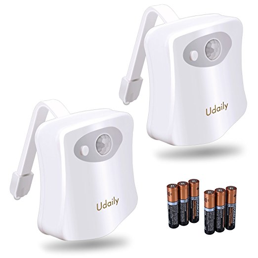 LED Toilet Light Motion Activated – 2 Packs with 6pcs Batteries, Udaily Toilet Night Light with Human Motion Sensor, 8 Colors Changing Toilet Bowl Nightlight for Bathroom
