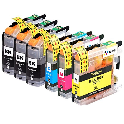 K-Ink Compatible Replacement Ink Cartridges for Brother LC203 LC 203XL LC201 for MFC-J480DW (6 Pack - 3 Black, 1 Cyan, 1 Magenta, 1 Yellow)