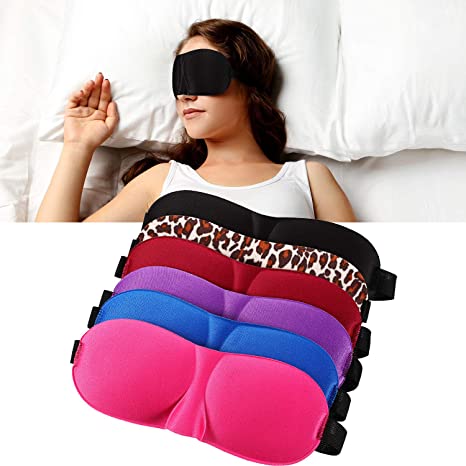 3D Sleep Mask Eye Mask for Sleeping Travel Sleeping Blindfold Night Blindfold Eyeshade Contoured Eyemask with Adjustable Fastener Tape Strap(Black, Blue, Red, Rose Red, Purple, Leopard, 6 Pieces)