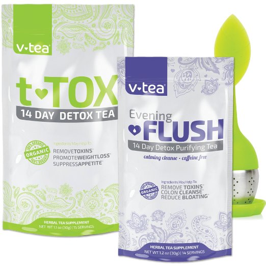 v tea Advanced Teatox Cleanse + Flush 14 Day Detox Tea - 28 Servings: Bloating - Weight Loss - Digestion - Gut Health | 100% Organic + Tea Infuser