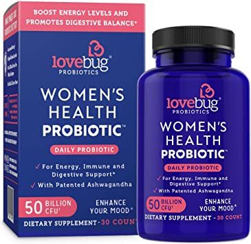 LoveBug Probiotics - Daily Probiotic for Women, 30 Delayed Release Probiotic Capsules with Ashwaganda, Turmeric and B12 for Digestion, Mood, and Energy