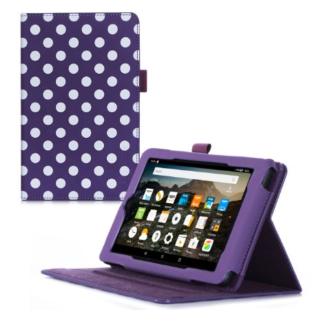 Fire 7 2015 Case, Amazon Fire 7 Case, rooCASE Dual View Leather PU Folio Slim Fit Lightweight Folding Cover with Stand for 5th Gen 2015, Dot Purple