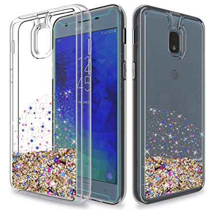 Galaxy J7 2018 Case,Galaxy J7 Refine /J7 V 2nd Gen /J7 Star /J7 Aero /J7 Top/J7 Crown/J7 Aura/J7 Eon (HD Screen Protector),Wtiaw Flowing Liquid Floating Clear TPU Case for Samsung J7 2018-SA Gold