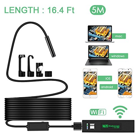 Wireless Endoscope, MWAY HD 1200P Wifi Borescope inspection camera IP68 Waterproof Snake Camera with 8 Adjustable LED Lights for iPhone, Samsung, Tablet, Mac, PC 16.4 Foot/5 Meters