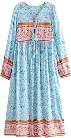 R.Vivimos Women's Long Sleeve Floral Print Retro V Neck Tassel Bohemian Midi Dresses