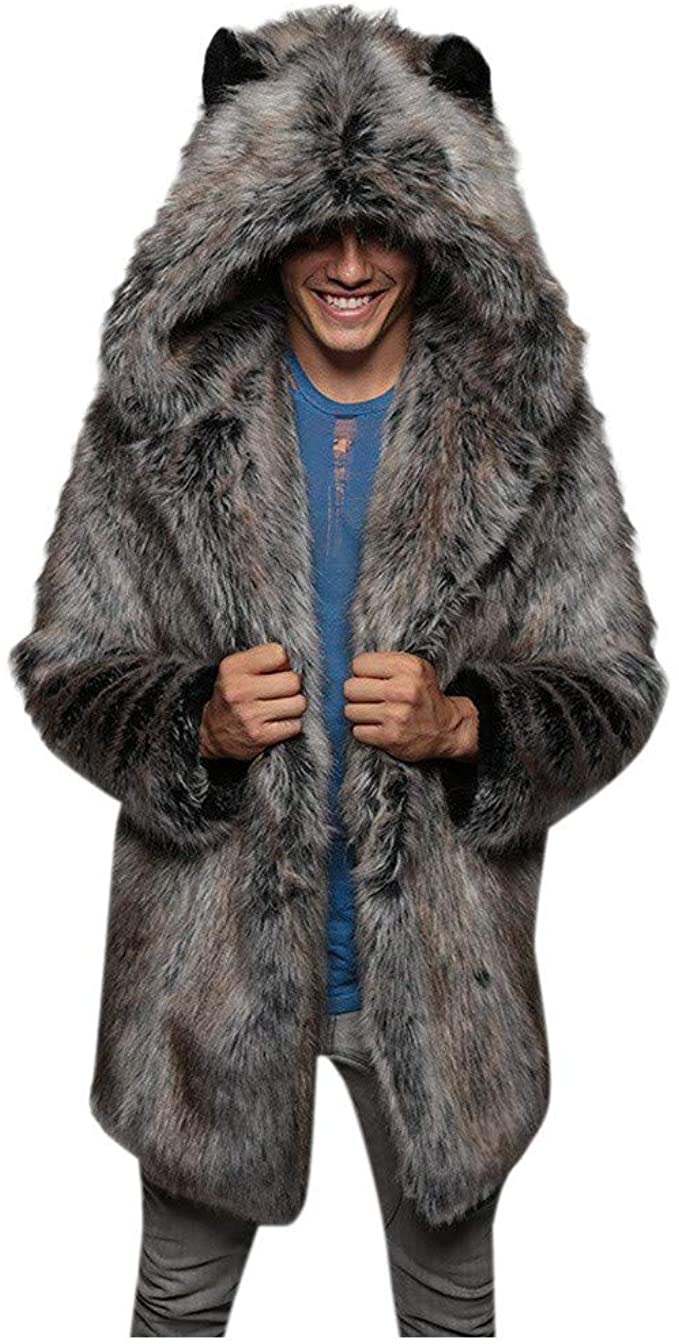 OMINA Mens Faux Fur Coat Jackets with Hood, 2020 Fashion Casual Winter Warm Windproof Fleece Fluffy Slim Fit Cardigan