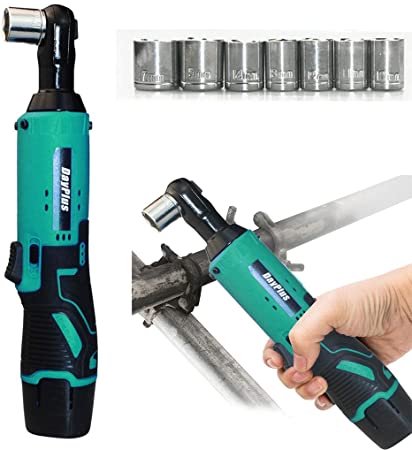 Cordless Ratchet Wrench 3/8 Inches, 12V 40Nm Electric Wrench with 2 x 1500mAh Batteries, 1Hour Fast Charger, 7 Sockets, Cordless Ratchet Right Angle Wrench (Green)