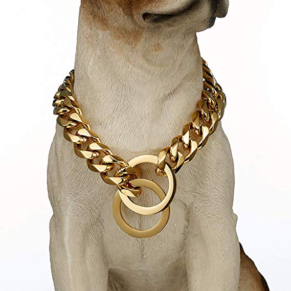 Loveshine Gold Tone Dog Collar, 15mm Wide Metal Slip Chain - Cool   Best for Large Dogs: Pitbull, Doberman, Bulldog, Rottweiler & More!