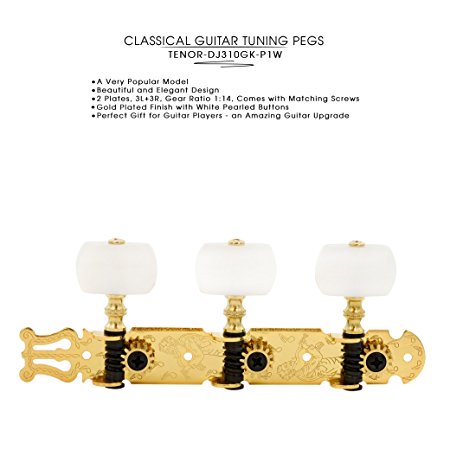 DJ310GK-P1W TENOR Classical Guitar Tuners, Tuning Key Pegs/Machine Heads for Classical or Flamenco Guitar with Gold and Black Finish and Pearl Colored Buttons.
