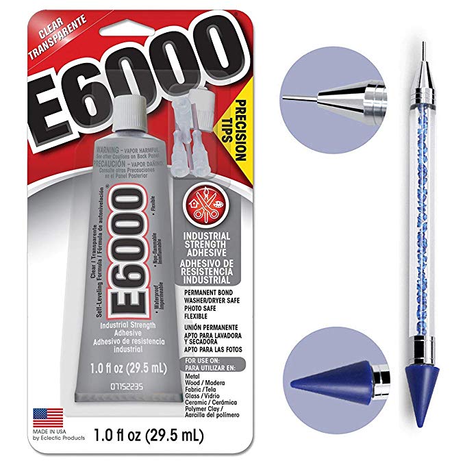 Bundle - E6000 1.0 Ounce (29.5mL) Tube with Precision Tips Industrial Strength Adhesive for Crafting and Pixiss 6-inch Jewel Picker Setter Pickup Tool - Wax Pencil Rhinestone Applicator Kit