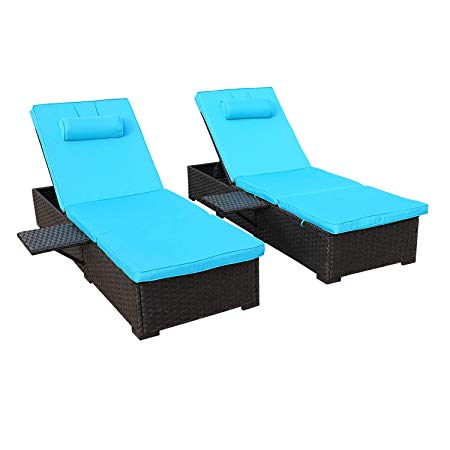 Outdoor PE Wicker Chaise Lounge - 2 Piece Patio Black Rattan Reclining Chair Furniture Set Beach Pool Adjustable Backrest Recliners with Turquoise Cushions