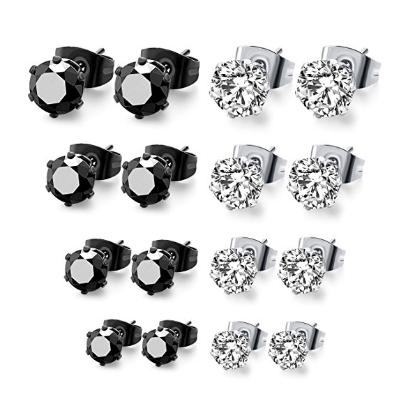 Choker 8 Pairs 316L Stainless Steel Clear Round Cubic Zirconia Stud Earrings Set 3-6mm