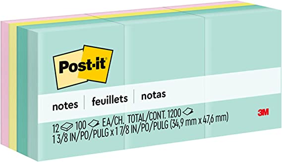 Post-it Mini Notes, 1.5x2 in, 12 Pads, America's #1 Favorite Sticky Notes, Marseille Collection, Pastel Colors (Pink, Mint, Yellow), Recyclable (653-AST)