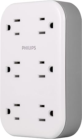 Philips 6-Outlet Extender Surge Protector, Wall Tap, 3-Prong, Space Saving Design, White, SPP6602W/37