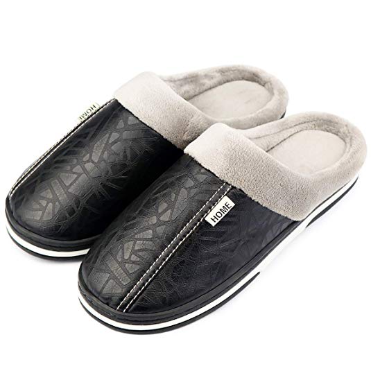 Men's Leather Slippers with Non Slip Sturdy Sole House Shoes Fur Memory Foam Warm Indoor & Outdoor