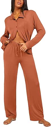 Ekouaer Womens Pajama Sets Soft Button Down Lounge Set Long Sleeve Pjs Set 2 Piece Turn Down Collar Sleepwear with Pockets